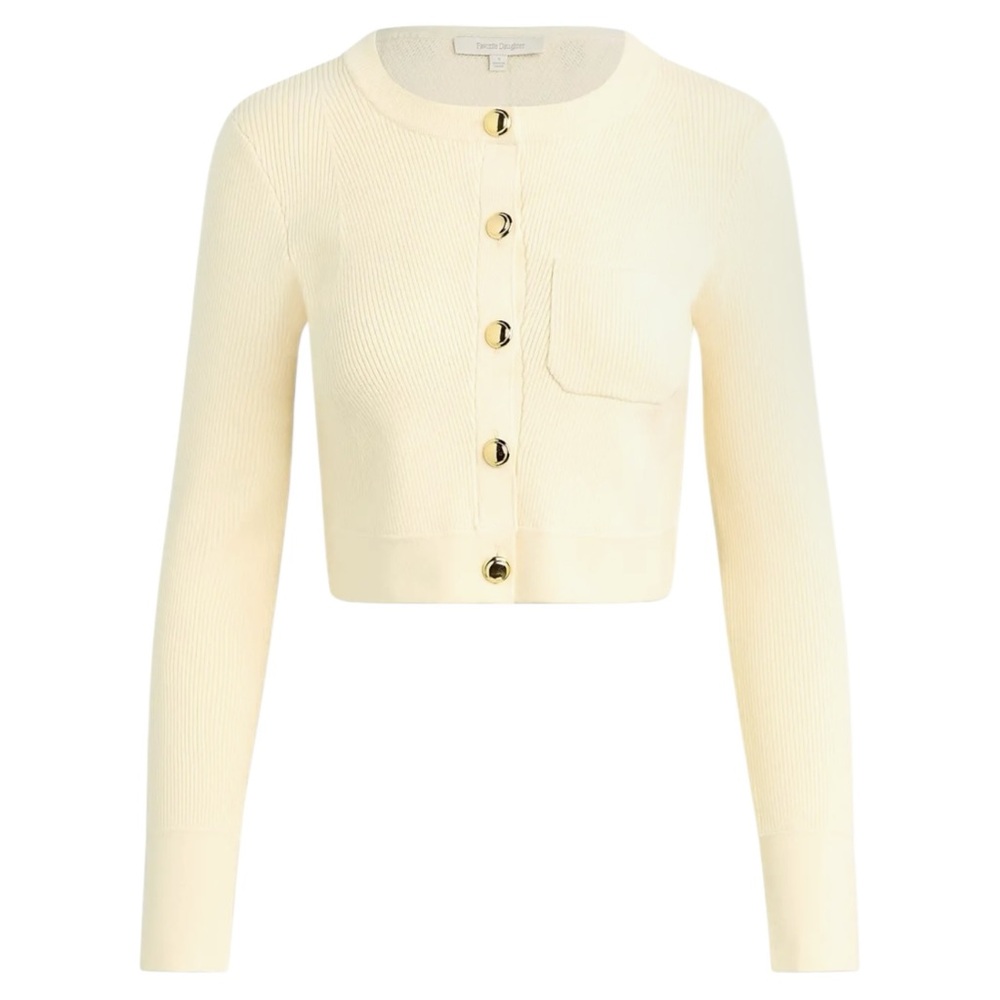 Favorite Daughter Cream Cropped Rib-Knit Cardigan with Gold Buttons